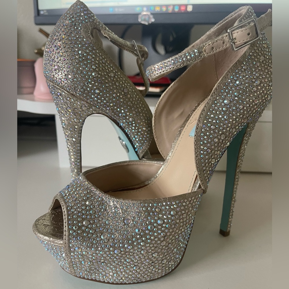 Blue by Betsey Johnson SB-Kiss Champagne Peep Toe Bridal Prom Rhinestone Heels